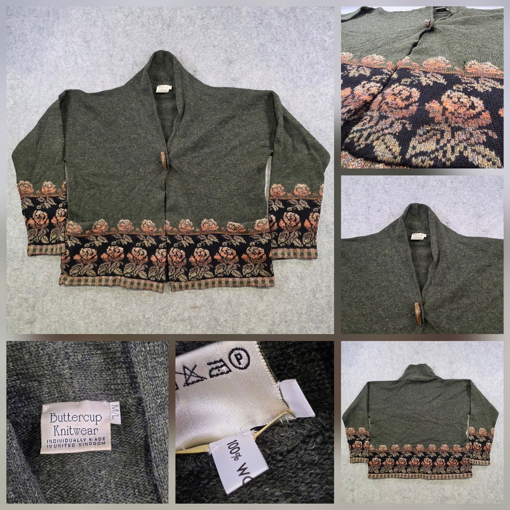Buttercup Knitwear Sweater Womens M L Green Wool Rose Floral Cardigan Knit